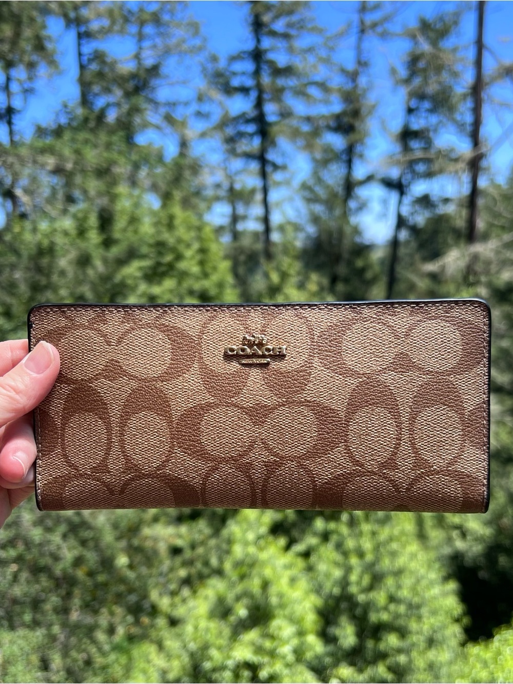 COACH Slim Bifold Snap Wallet Signature Canvas Khaki/Black with Gold Hardware